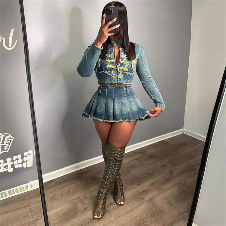 Vintage Embroidery Tassel Denim 2 Piece Set Women Spring Contrast Colors Zipper Crop Top Pleated Mini Skirt