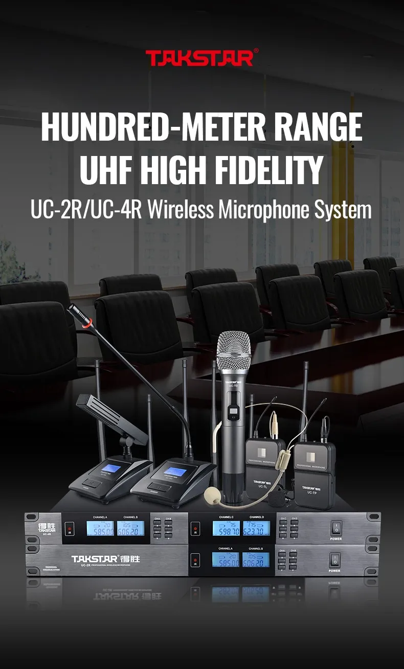Takstar UC-4R Wholesale High Quality Long Distance 100M UHF 4 Channel Wireless Microphone with Receiver for conference church