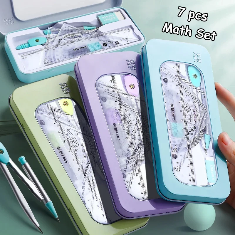 YuBon 7pcs/set Geometric Mathematical Drawing Tool Set Multi-functional Compass Protractor Ruler Eraser Stationery Supplies