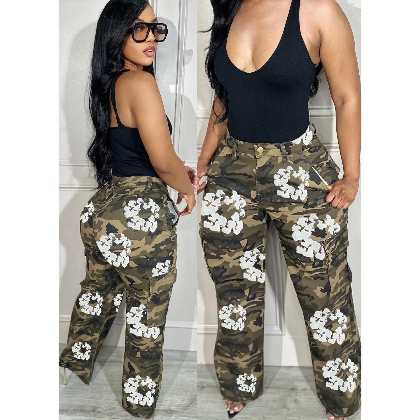 Wholesale 2024 fashion camo cargo pants camouflage casual baggy pants for women