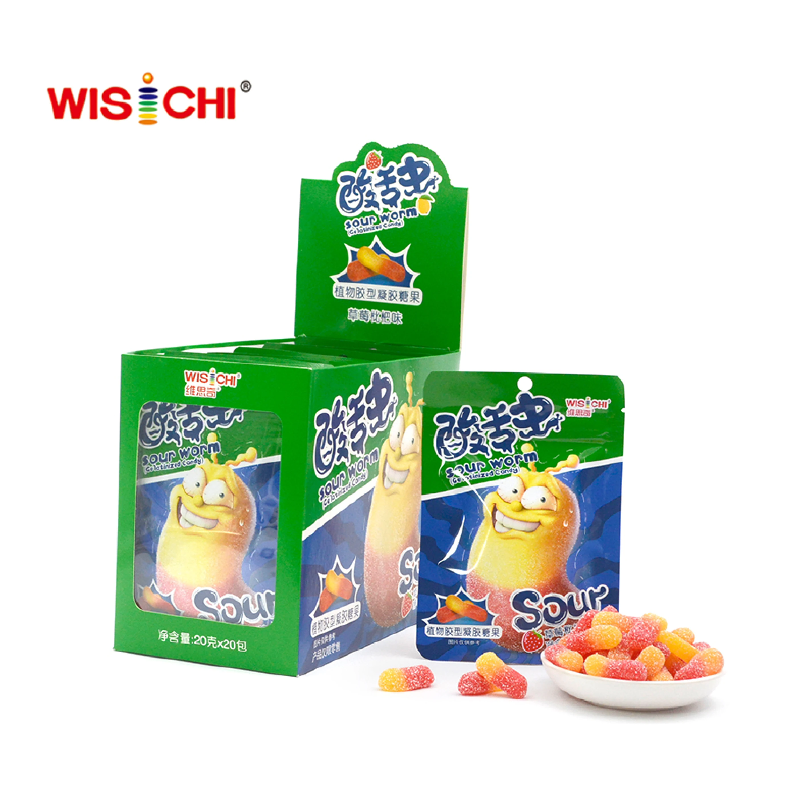 Free sample vegan sour worm gelatinzed candy pectin soft candy withstand high temperature
