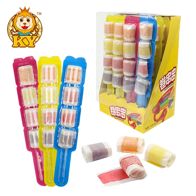 China wholesale fruit juice rainbow sour gummy candy roll soft candy