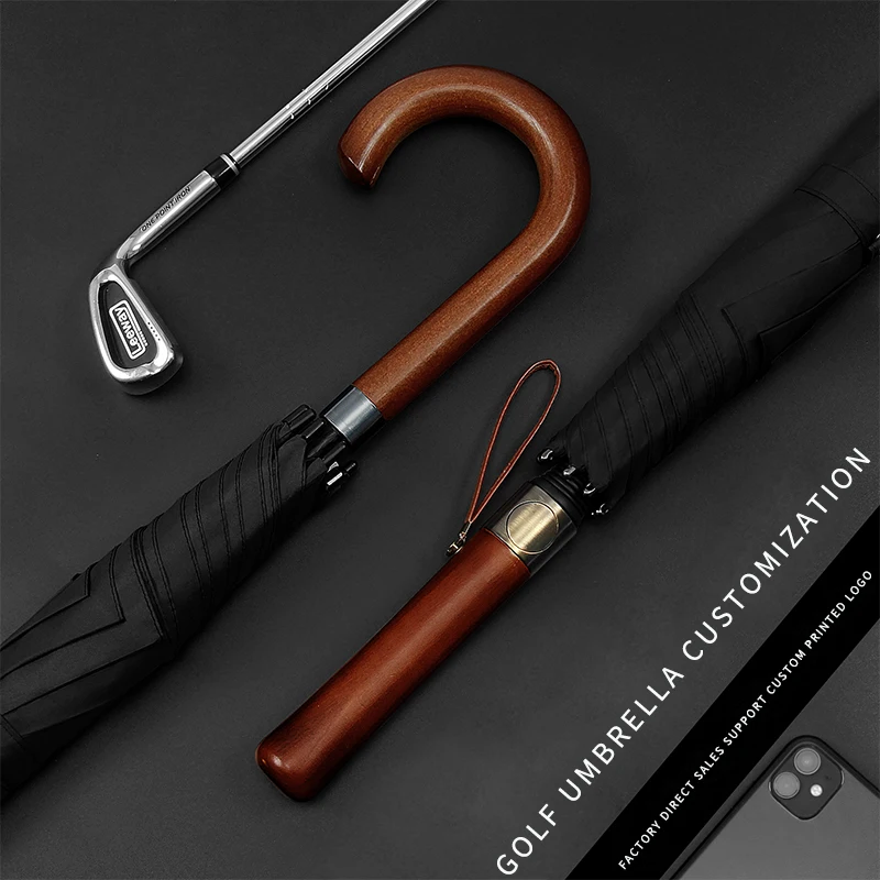 2021 New solid wood long handle umbrella large double golf umbrella long handle umbrella customization LOGO