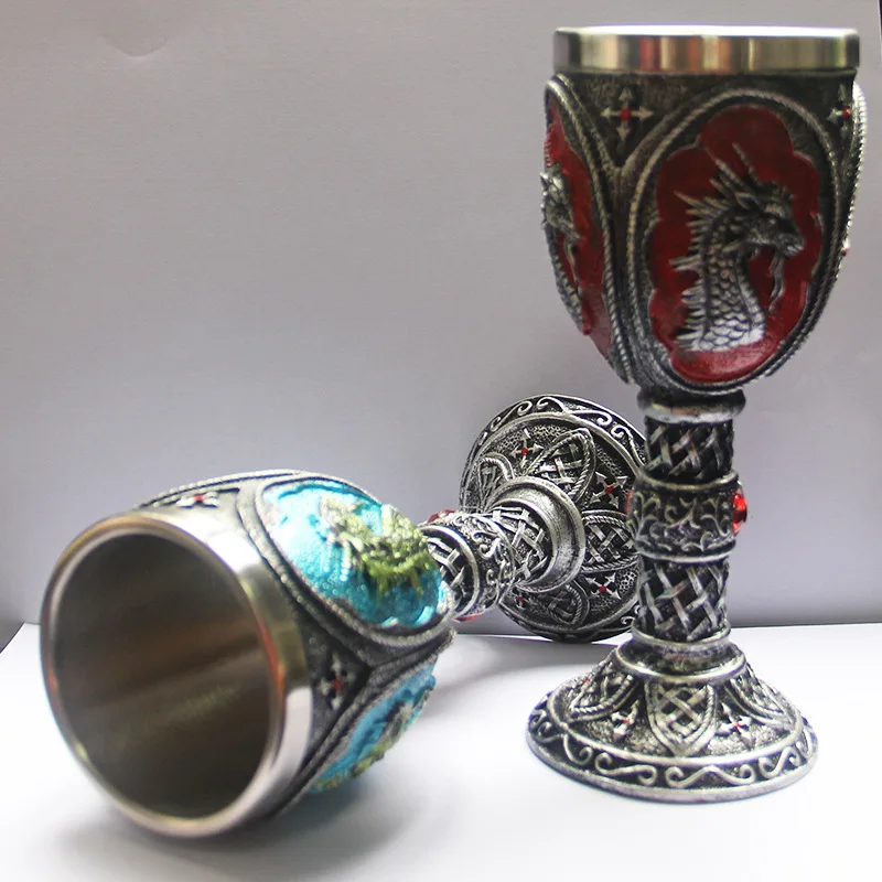 Shaped Goblet with Resin Dragon Head Goblet Three-dimensional Pattern Double Layer Stainless Steel Resin Wine Cup