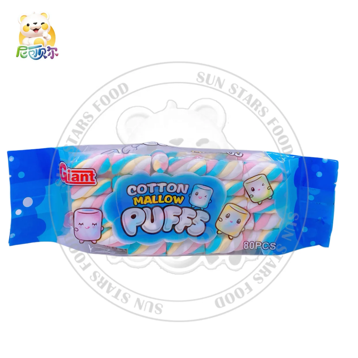 Wholesale Twisted Rainbow Marshmallow with Jam Rope Fruity Flavored Cartoon-Shaped Packaged in Bags