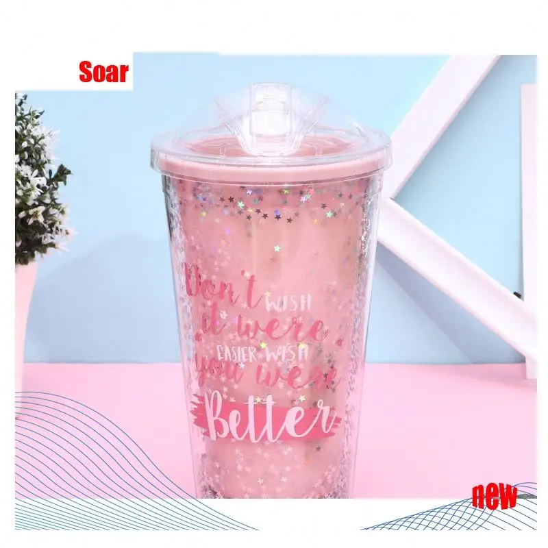 SOAR 16Oz горячая Распродажа двойная настенная цветная блестящая пластиковая чашка для питьевой воды с крышками и
