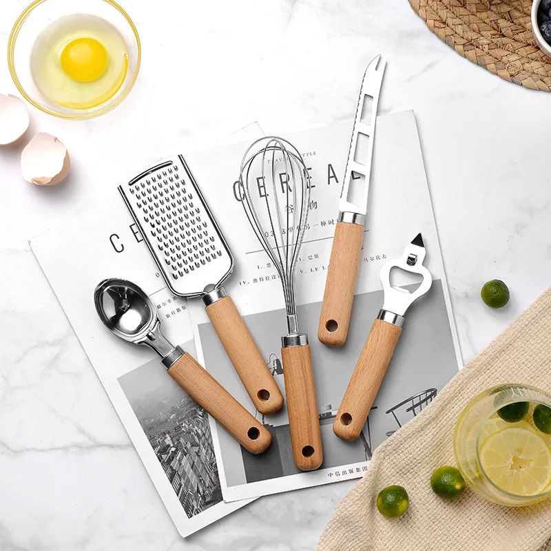 Heat-Resistant Stainless Steel Kitchen Utensil Kitchenware Set Tools Wooden Handles Spatula Set Cookware