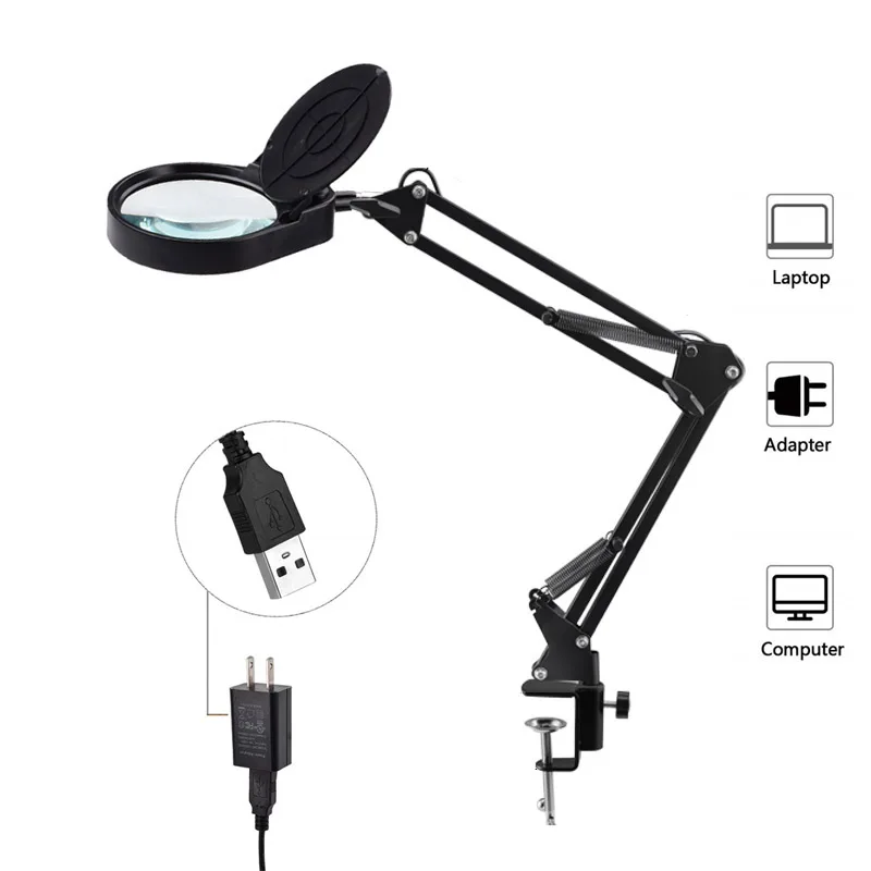 Foldable Magnifying Glass  Desk Table Clamp Magnifier LED Lights Flexible Desk Lamp for Reading Working Lighting