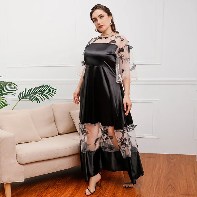 French court style large size mesh lace stitching fat mm can wear a mid-length dress Organza gauze banquet dress