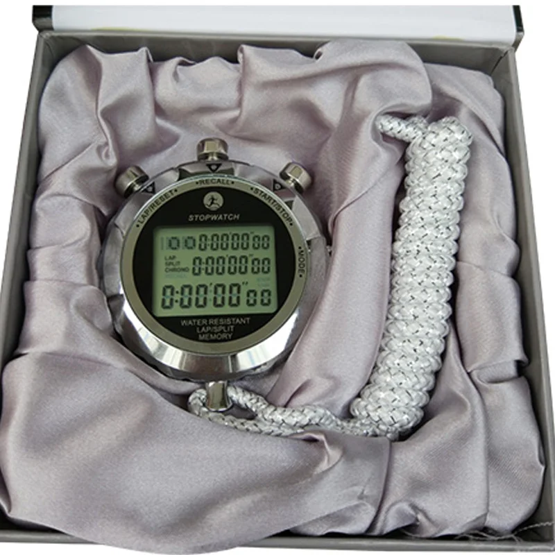 Digital Metal Multifunctional Stopawtch Water Resistant 30 Memory Lap Split Time 1/100 Second Handheld Led Display Timer