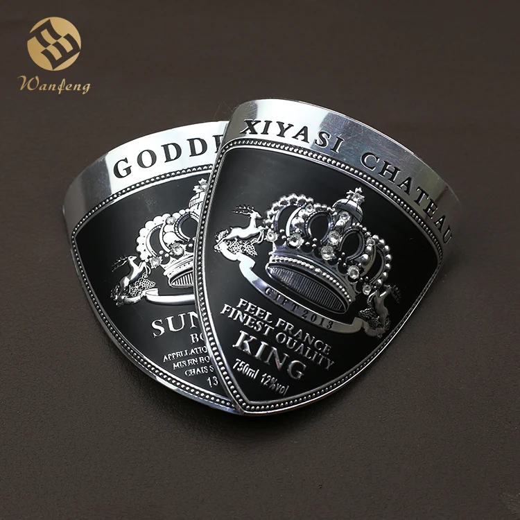 2024 Custom Embossed Curved Aluminum Wine Label Waterproof Self-Adhesive Red Wine Label Deluxe Wine Bottle Label