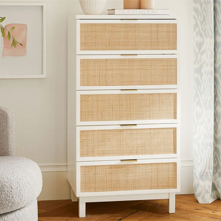 Contemporary Living Room White Chest of Drawer Rattan Cabinet with 5 Drawer