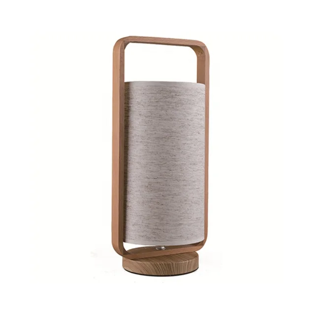 
Modern Bedside Table Lamp with Wood Handle and Fabric Shade 