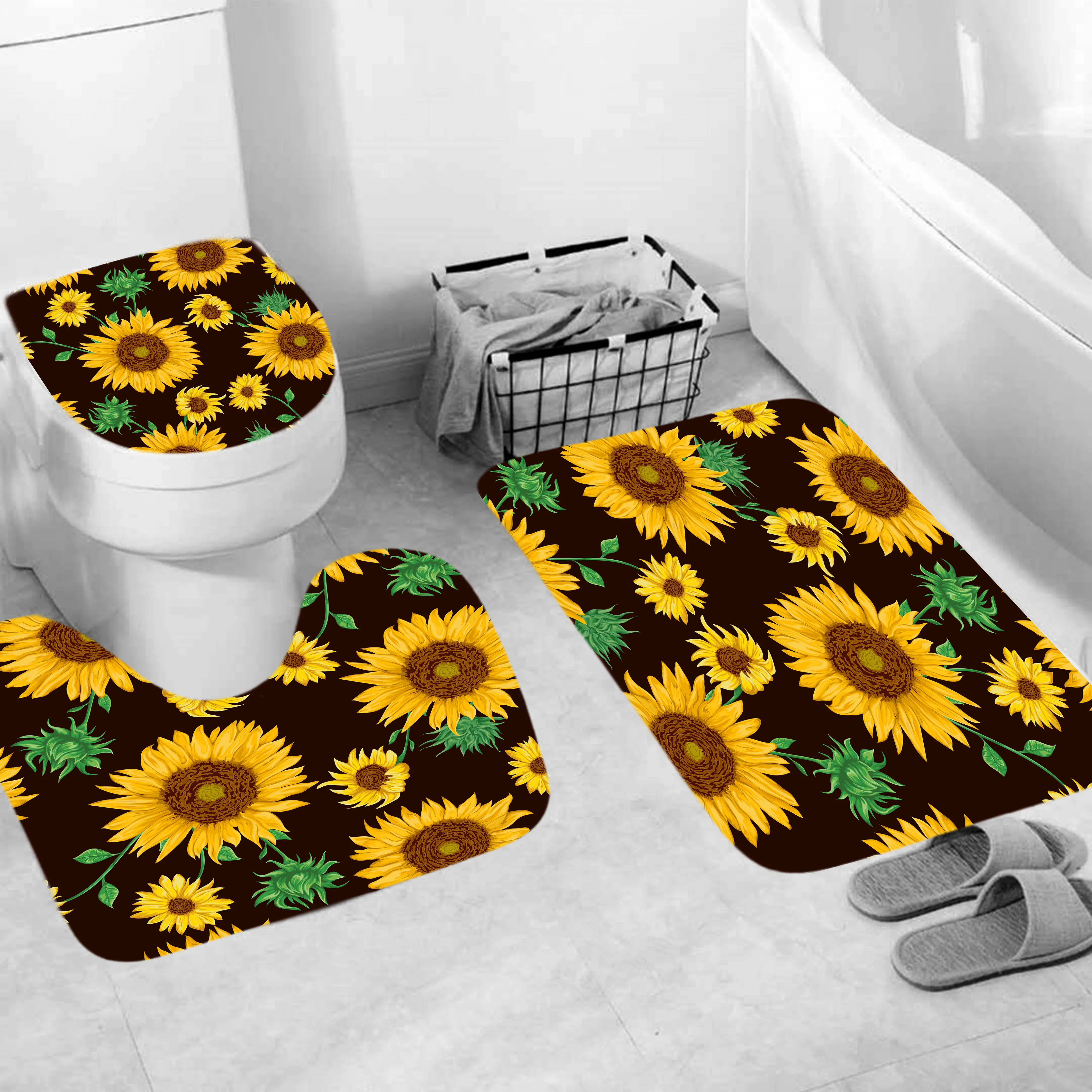 
4 Pcs Waterproof Sunflower Print Polyester Fabric Shower Curtain sets with 12 Hooks For Bathroom 