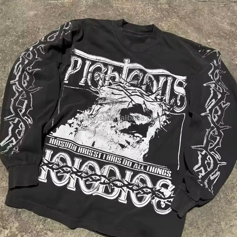 custom screen printing long sleeve t-shirt manufacturer graphic cotton black oversize knit thermal waffle men long sleeve shirt