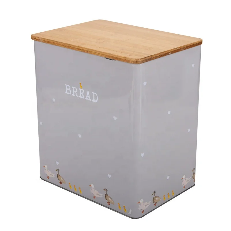 Large Metal Bamboo Lid Kitchen Storage Bread Bin Set Storage Bins with Handle