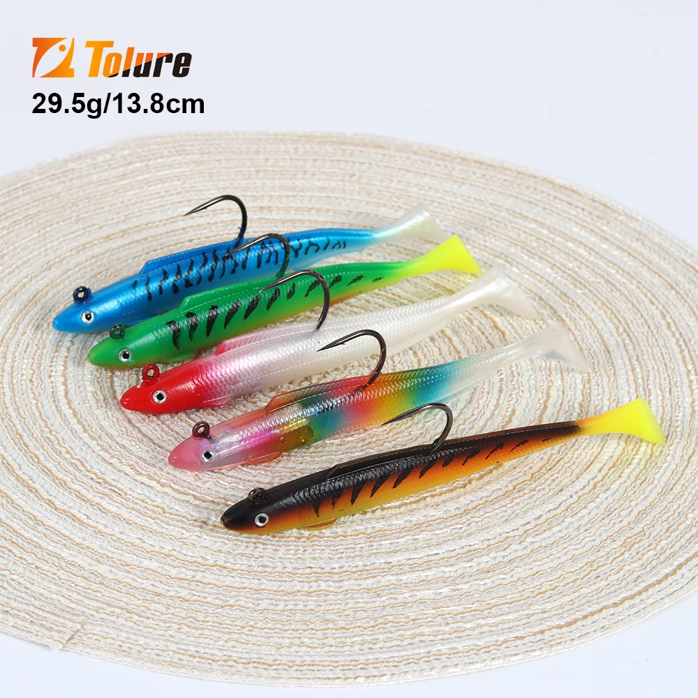 Tolure wholesale 29.5g 138mm  Lead  fish Jig Head Soft sea eel Lure T-tail Soft Bionic Swimming Lures