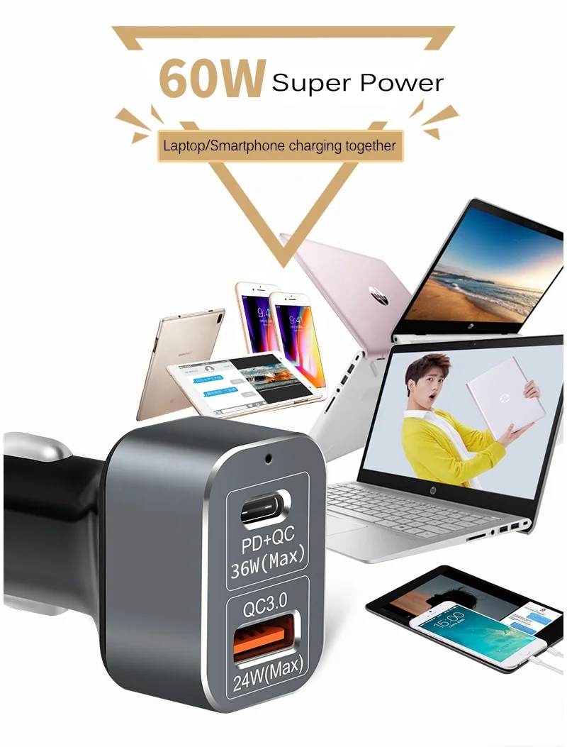 WISTAR 60 Вт Высокая мощность Type-C PD 36 Вт USB Автомобильное зарядное устройство с QC3.0 24 Вт мобильное автомобильное зарядное устройство