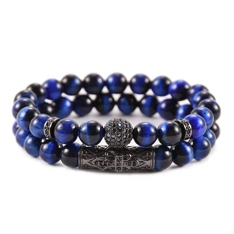 European Handmade Luxury 2Pcs/Set Elastic 10mm Micro Pave CZ Ball Natural Purple Tiger Eye Stone Beaded Bracelet Set