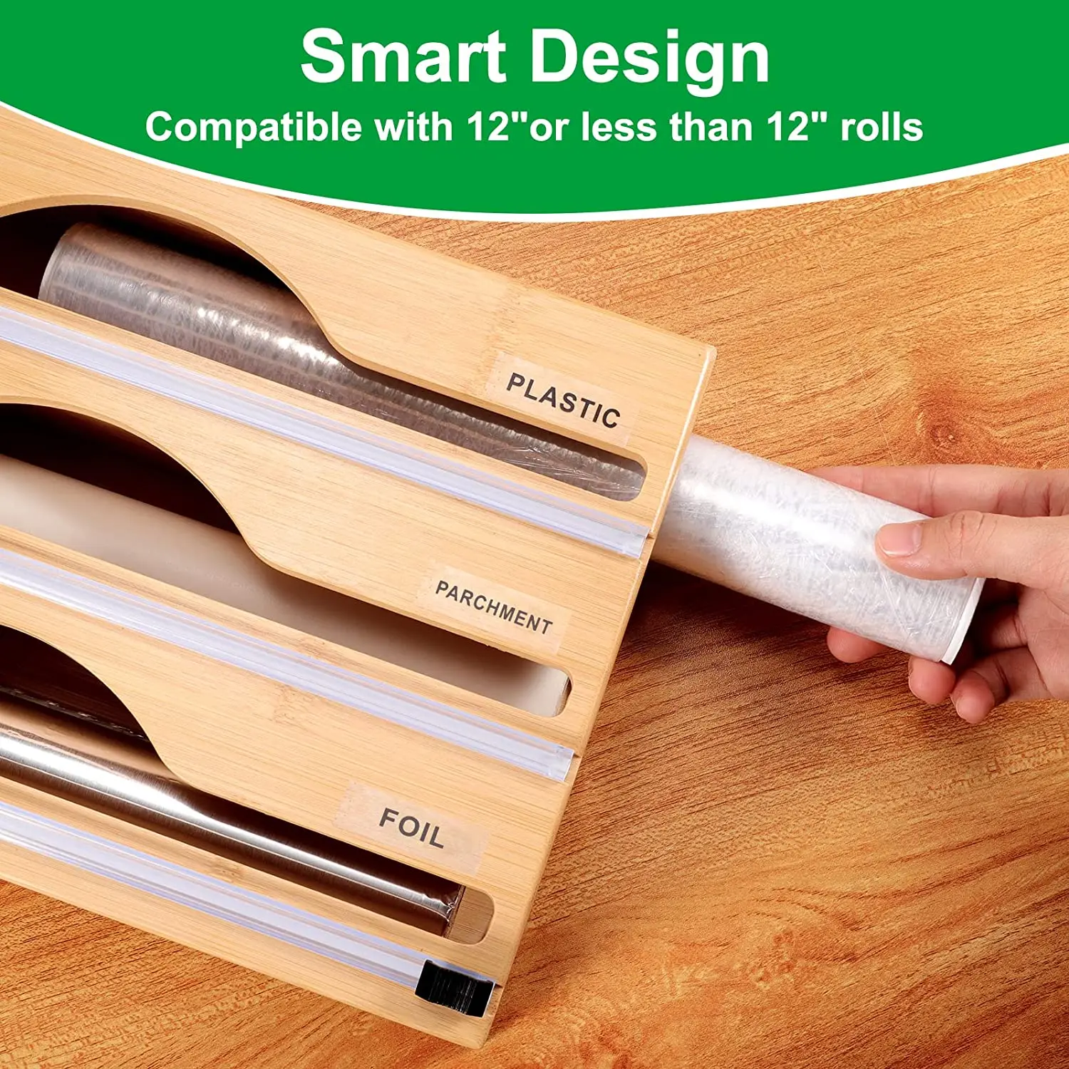 New popular 3 in 1 Foil and Plastic Wrap Organizer Durable Bamboo Plastic Wrap Dispenser Multipurpose Cling Film Storage Box