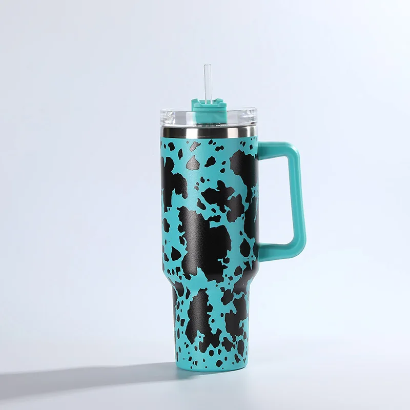 Cow Print 40oz Mug Insulated Stainless Steel Tumbler Reusable Home Office Coffee Bottle With Handle Straw Creative Gift