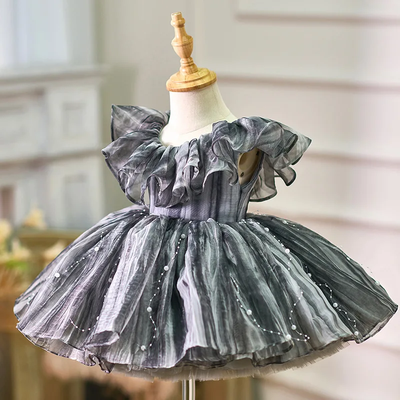 2025 Newest High Grade Princess Grey Elegant Birthday Dress Kids Pearl Prom Gown Children Piano Performance Costume Dresses