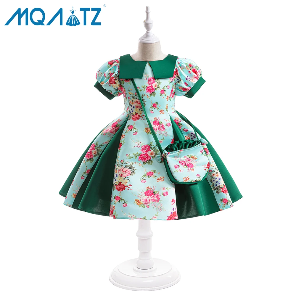 MQATZ latest design short sleeve green 5-8 year flower printed dress collar elegant frocks with free bag L5510