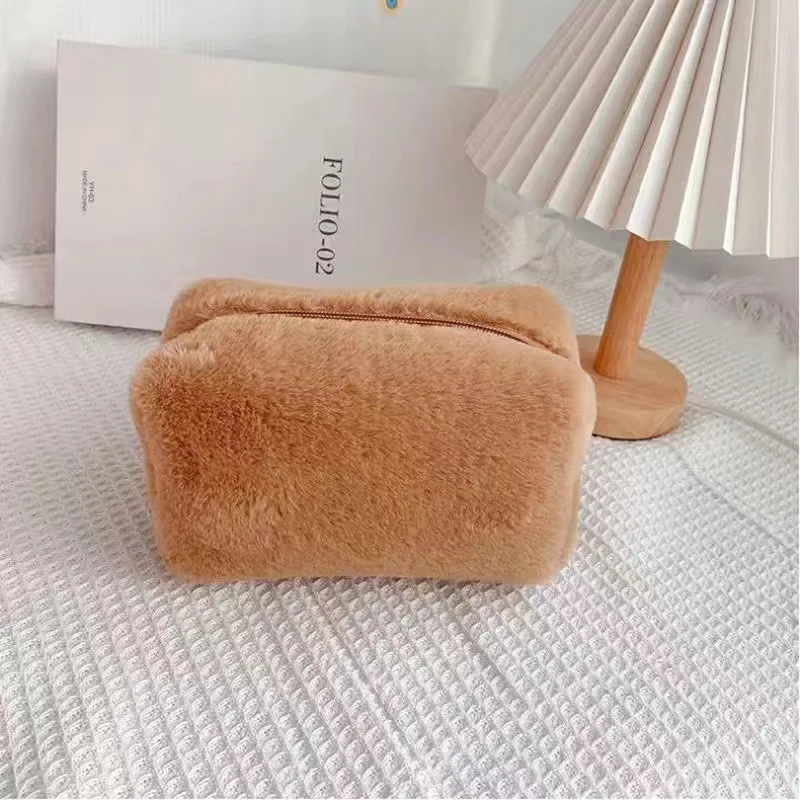 Macaron Faux Fur Female Women Sweet Soft Waxy Portable Makeup Cosmetic make up bag custom plush Pen bag Handbag
