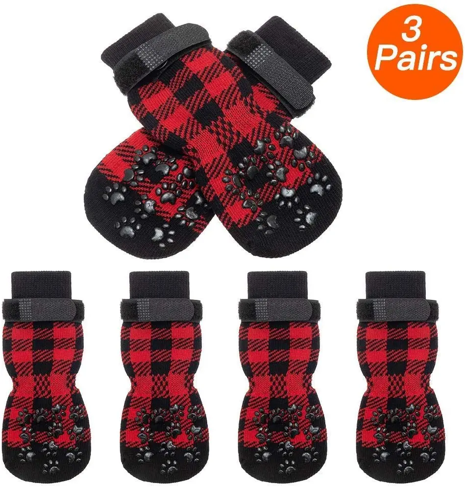 Plaid Dog Paw Protector for Floor Indoor, Anti-Slip Dog Socks Wholesale For Small Medium Dogs