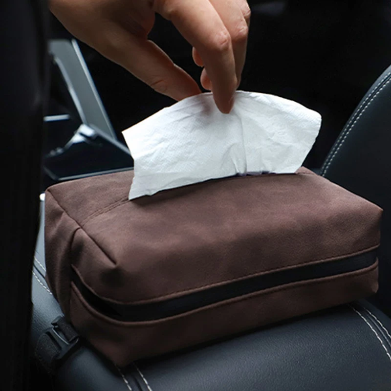 Leather Center Armrest Napkin Case with Fix Strap Car Tissue Holder Fits Box Cover Rectangular Backseat Accessories Organization