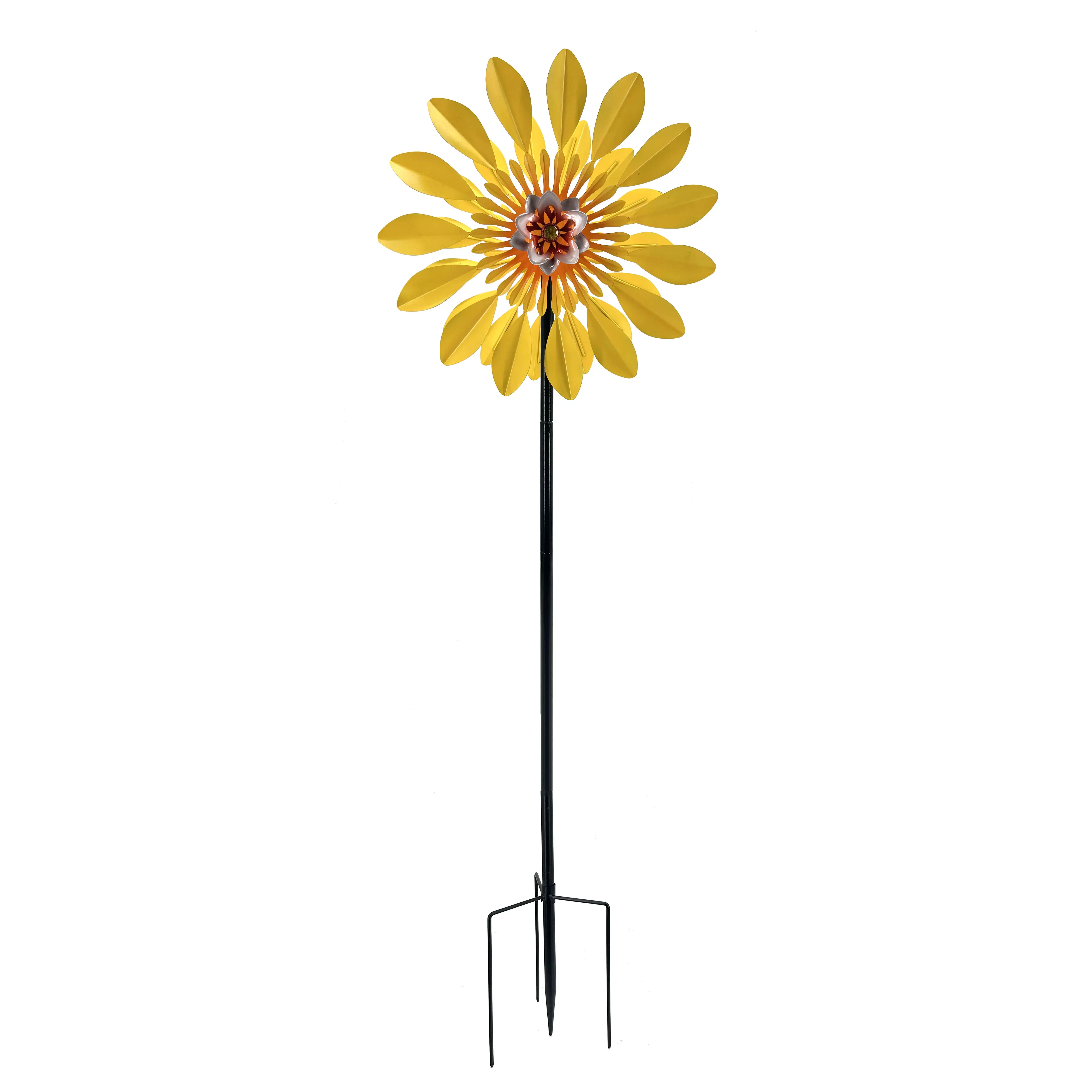 Waterproof Metal Colorful Flower Wind Spinner Stake Decor Garden Double Windmill Stake for Garden Decor