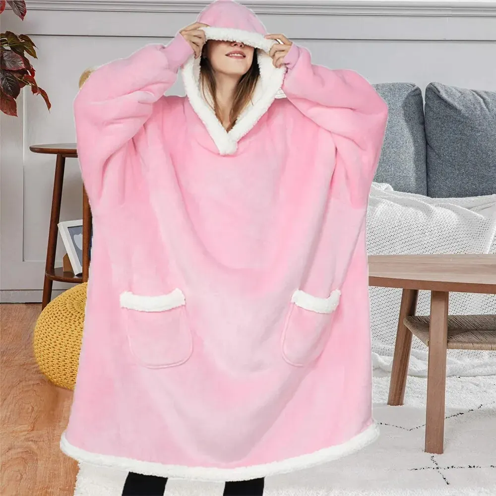 Winter Oversized Hoodie Blanket Fleece Sweatshirt Plaid Hoody Women Pocket Hooded Sweat Oversize