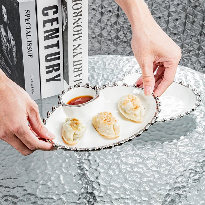 New Creative Silver Edged Dumpling Plate with Vinegar Dish Household Ceramic Divided Plate High Grade Ins Style