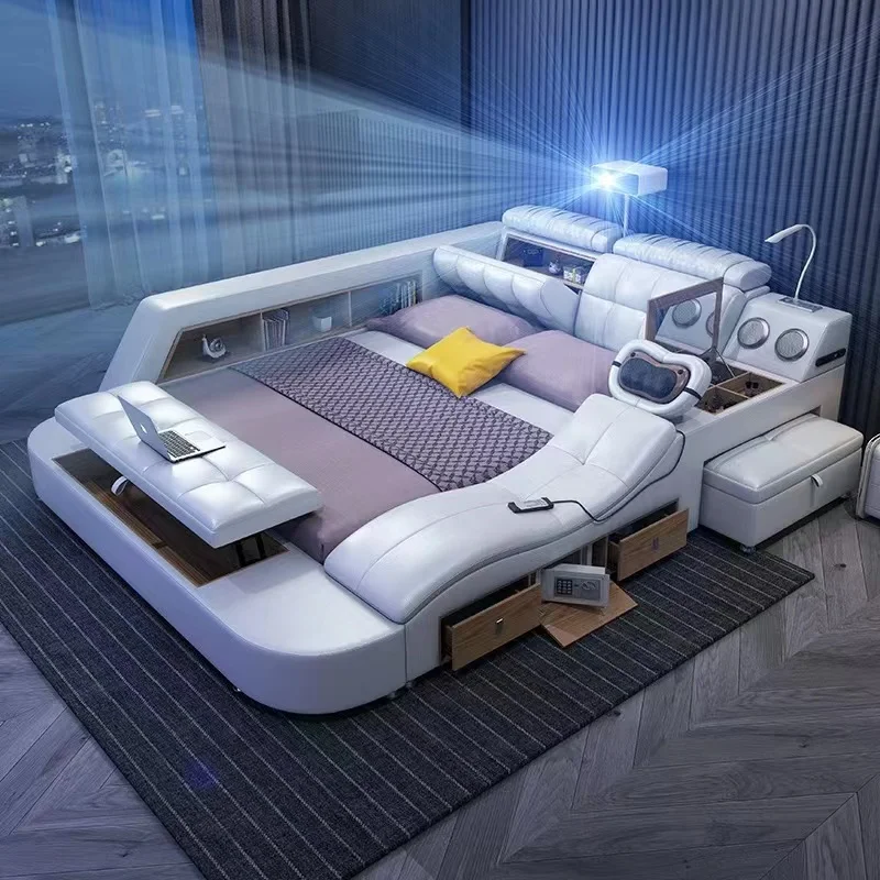 Nordic leather multi-function bed modern simple massage tatami large light luxury leather bed double bed  bedroom suit