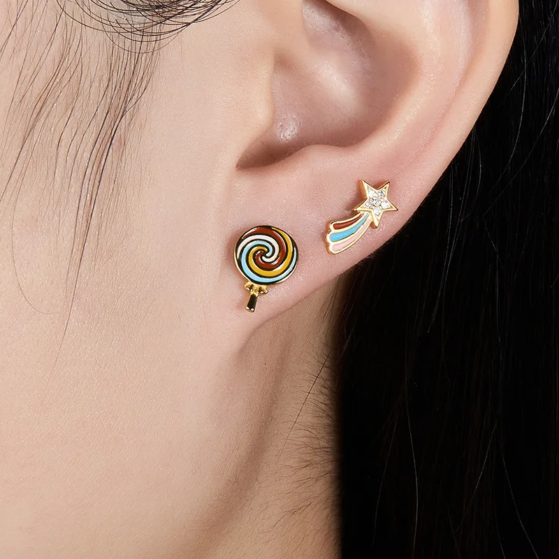 fashion 925 sterling silver French fries avocado eyes Rainbow Stars lollipop gold plated stud earring jewelry for women