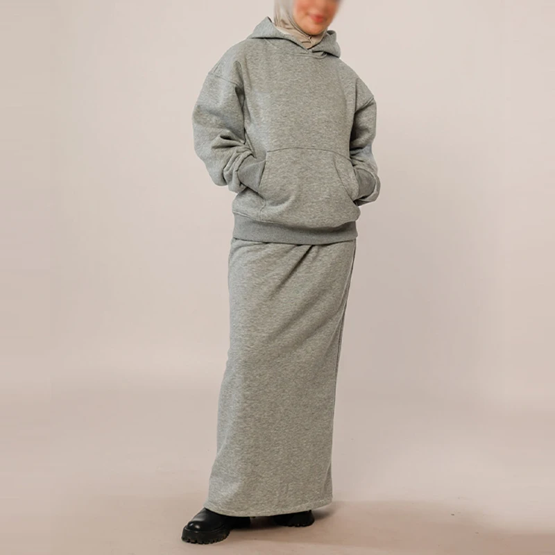 Modest 2 Piece Cotton Sweatshirt Oversized Hoodie Set Autumn Winter Muslim Dress Women Abaya Skirt Plus Size Islamic Clothing