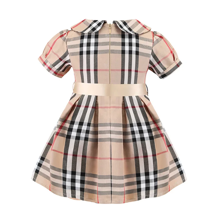 High Quality Summer Little Girls Plaid Puffy Dress Short Sleeve Big Bow Flare Ball Gown Toddler Princess Dress
