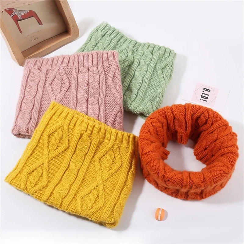 KENSHELLEY 2021European Style Kids Infinity Round Scarf Pure Color Neck Warmer Snood Classic Cable Knitted Wool Snood Scarf