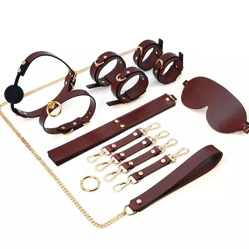 Genuine Leather BDSM Bondage Kits Sex Toys for Couple Handcuff Ankle Cuffs Collar Gag Restraints SM Set Adult Games
