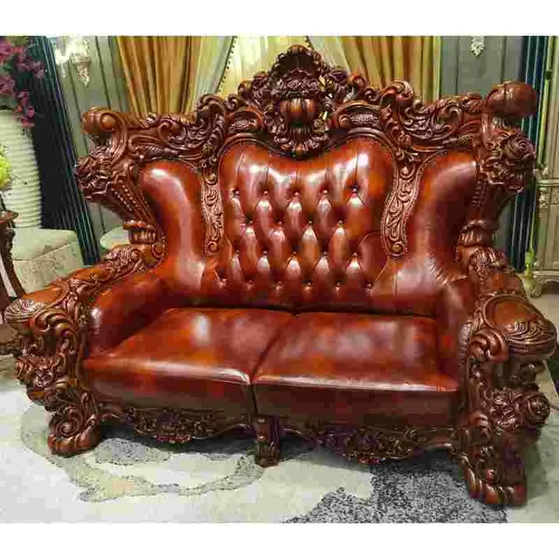 Classic wooden sofa set living room furniture,Full leather european classic luxury wooden carved sofa set