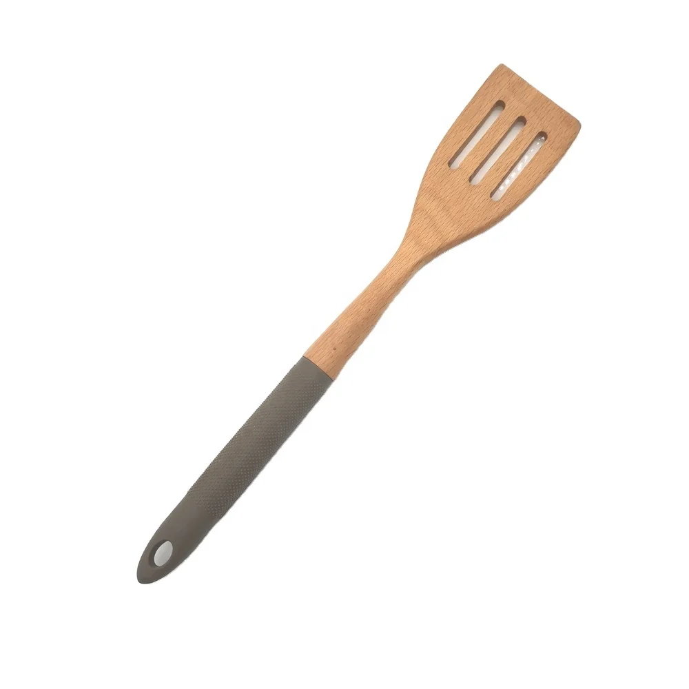 big durable strong beech wood cooking slotted spatula spoon with  Anti-slip granules silicone