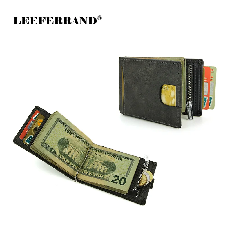 
Vintage cowhide wallet money clip retro army green bifold RFID wallet fashion leather wallet for men 