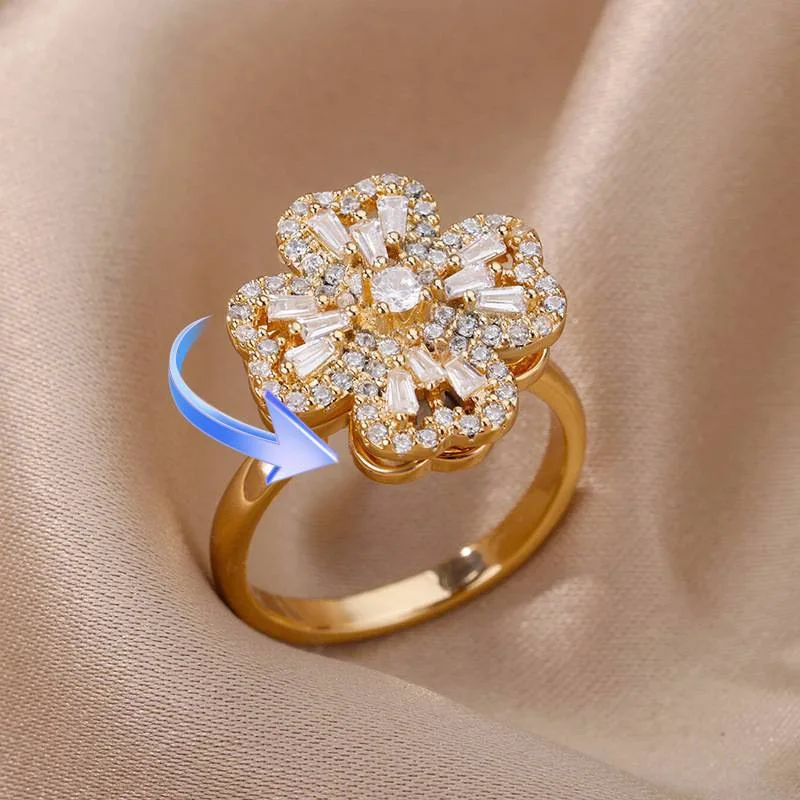 Rotatable Four Leaf Clover Ring Designer Jewelry Opening Ring Copper Gold Plated Zircon Ring Folding Heart Finger Decoration