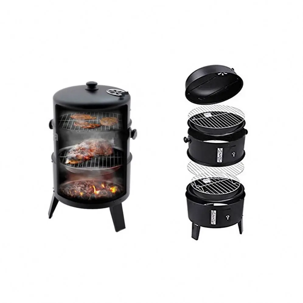 Hot Selling 3 Layers Tower Vertical Barrel Charcoal Bbq Grill Smoke Oven