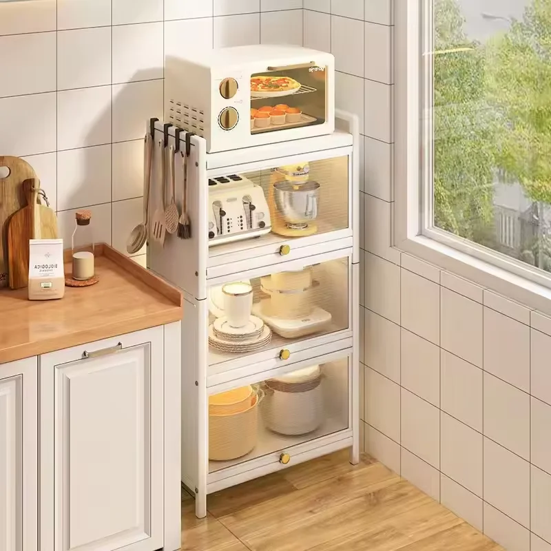 New kitchen storage rack hole plate dining side cabinet kitchen shelf with flipped dust-proof door kitchen storage cabinet