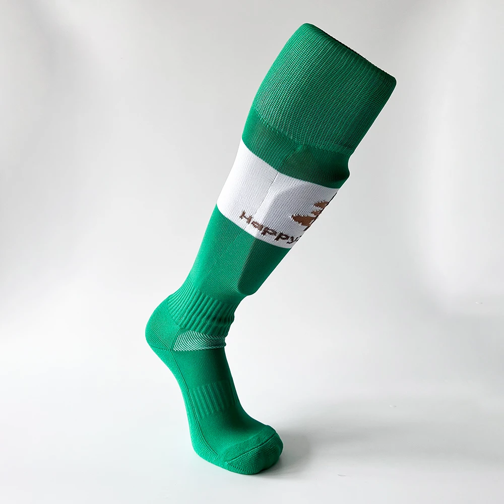 Happyzufeng Custom long knee high strip football soccer sport pocket socks with shin guard