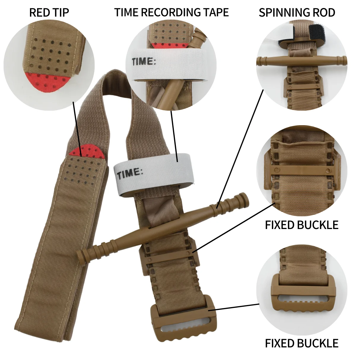 Anthrive CE Approval Tan Khaki Nylon Rod Windlass Survival First Aid Emergency Trauma Combat Hemostatic Cat Tactical Tourniquet