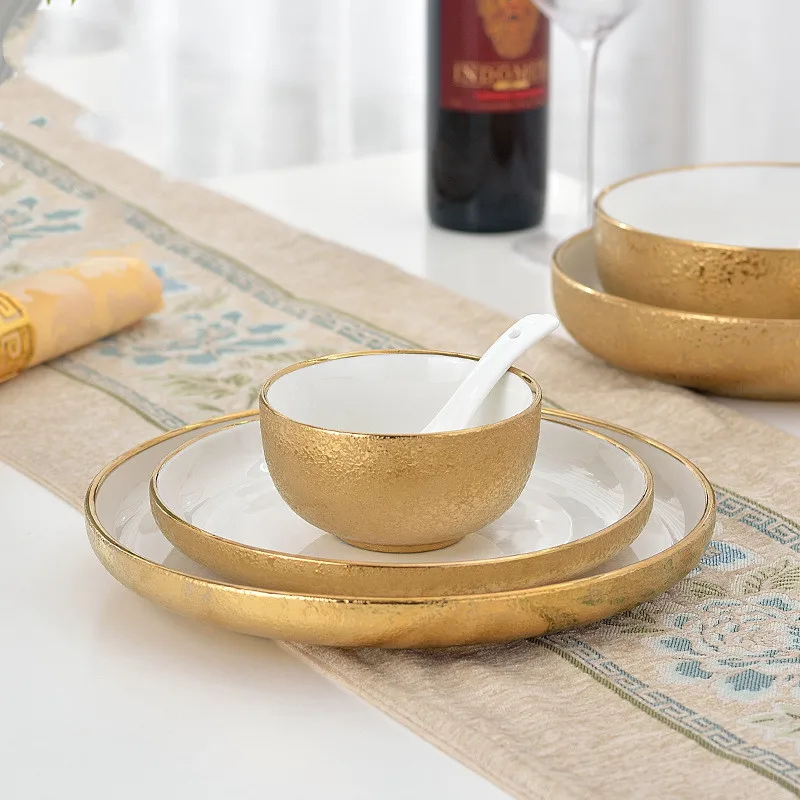 
Mfashion Nordic Luxury golden porcelain Ceramic tableware soup bowls and dishes dinner plates set 