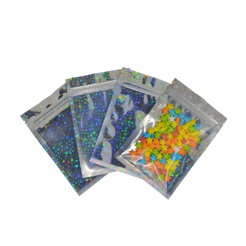 Star Holographic Gift Aluminum Foil Zip lock Bag  Food Storage  Pouch One side Clear Customized Cookie Bags Small Ziplock Pouch