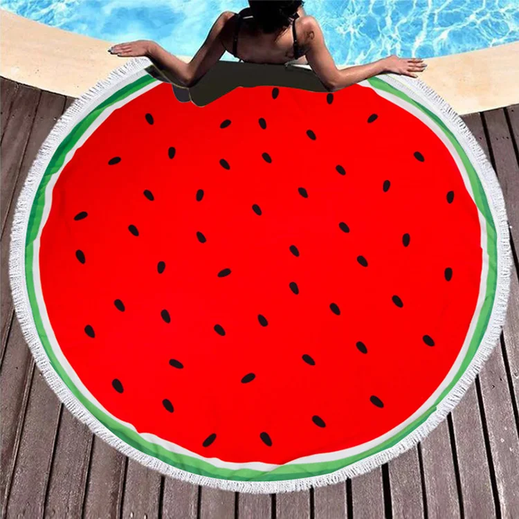 Trendy Watermelon Kiwi Print Fruit Oversize Round Thick Microfiber Beach Towel with Tassels